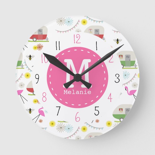 Retro Trailer & Flamingos Pattern Round Clock (Front)