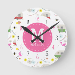 Retro Trailer & Flamingos Pattern Round Clock