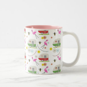 Retro Trailer & Flamingos Pattern Two-Tone Coffee Mug