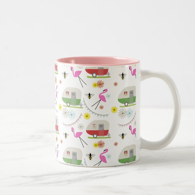 Retro Trailer & Flamingos Pattern Two-Tone Coffee Mug (Right)