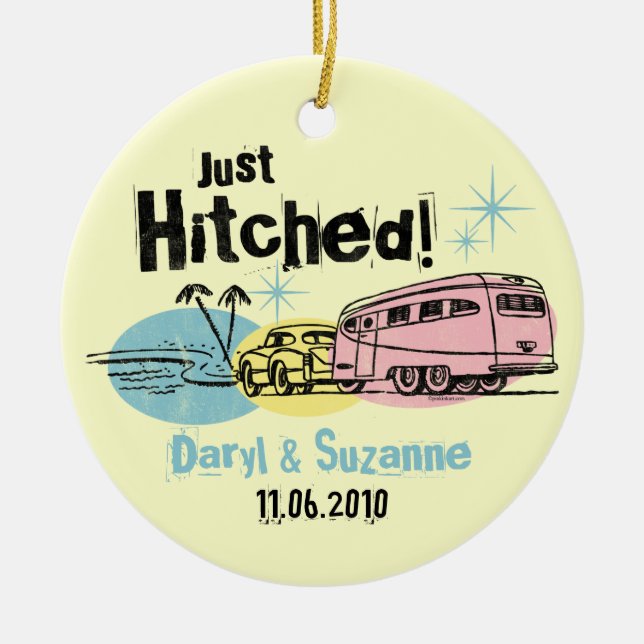 Retro Trailer Just Hitched Personalized Ornament (Front)
