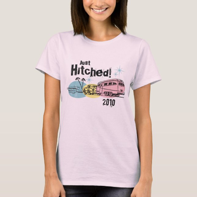 Retro Trailer Just Hitched Personalized T-Shirt (Front)