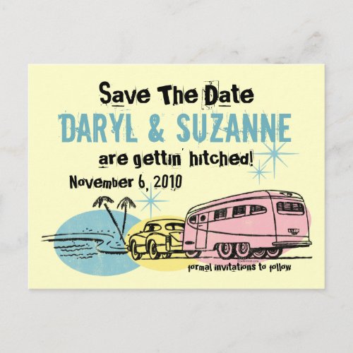 Retro Trailer Just Hitched Save The Date Announcement Postcard