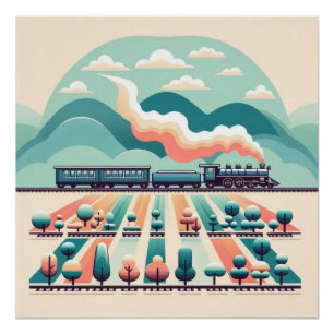 Retro Train Journey Through Surreal Landscapes Poster