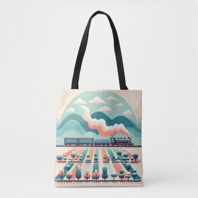 Retro Train Journey Through Surreal Landscapes Tote Bag (Front)