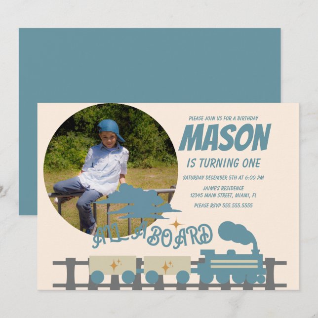 Retro Train Kids Birthday Party Earthy  Photo Invitation (Front/Back)