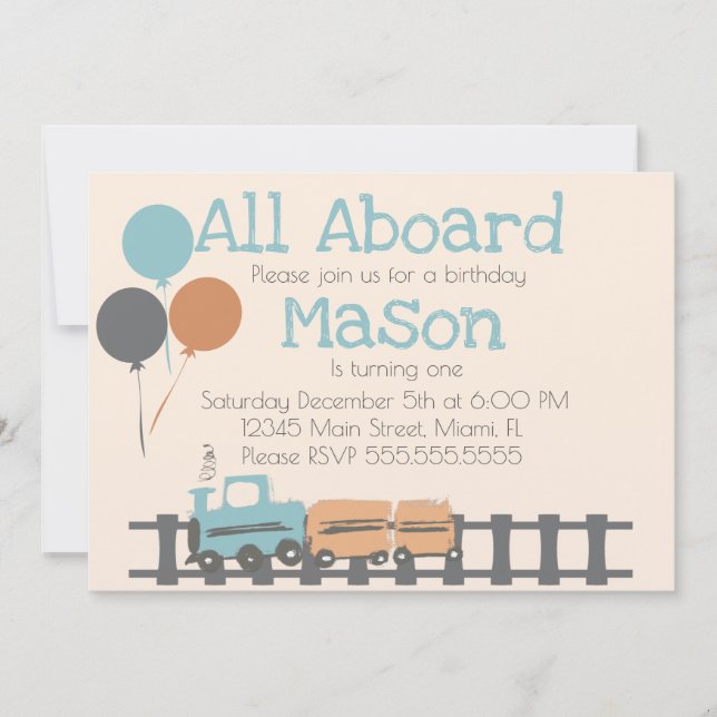 Retro Train Kids First Birthday Party Earthy Invitation (Front)