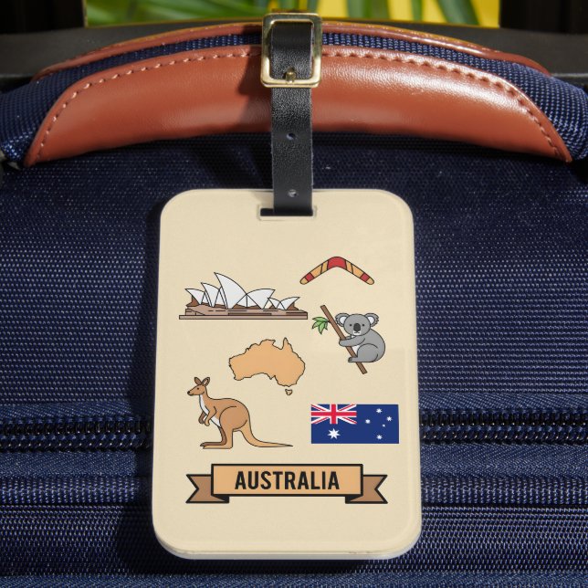Retro Travel Australia Iconic National Symbols Luggage Tag (Front Insitu 2)