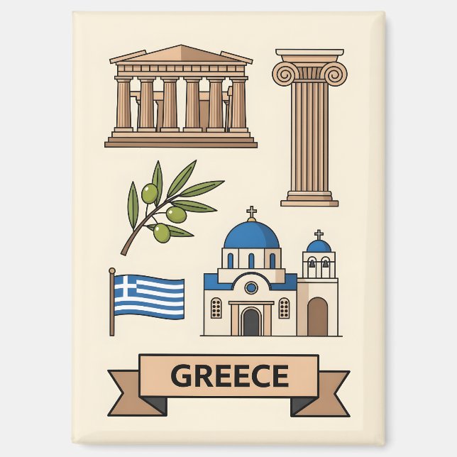 Retro Travel Greece Iconic National Symbols Magnet (Front)