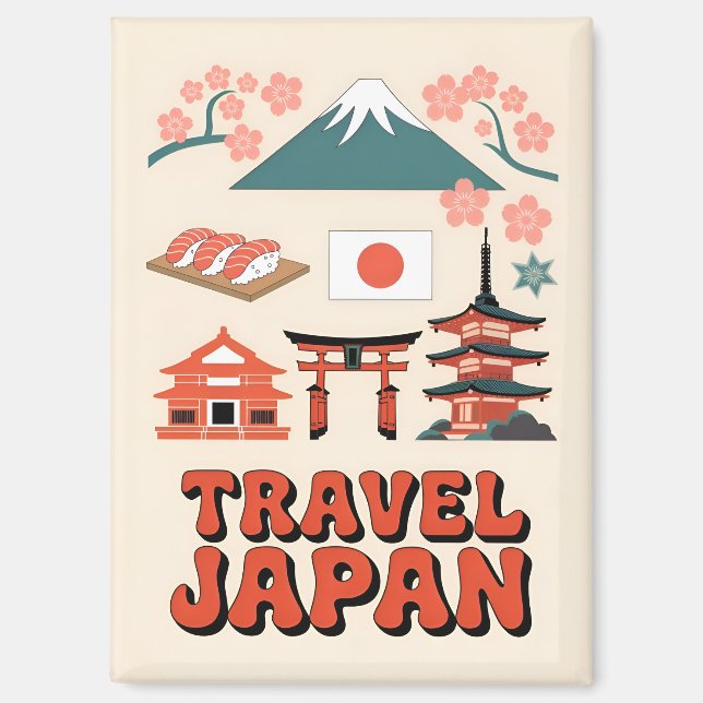 Retro Travel Japan Iconic National Symbols Magnet (Front)