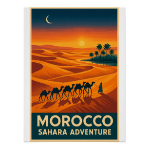 Retro Travel – Sahara Desert Sunset, Morocco Poster