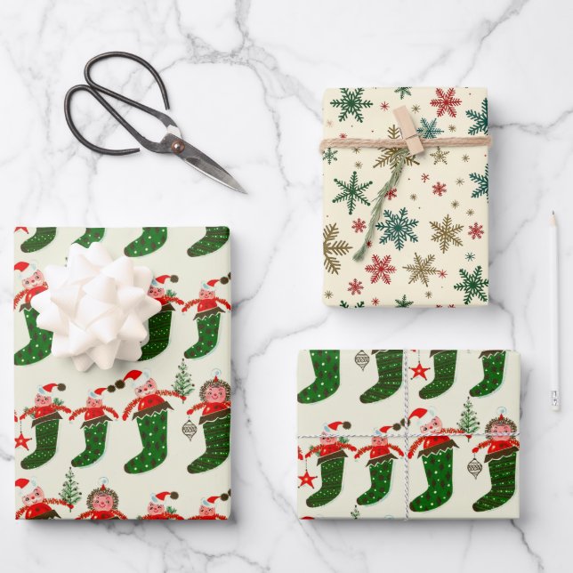 Retro Treasures Christmas Stockings Wrapping Paper Sheets (Front)