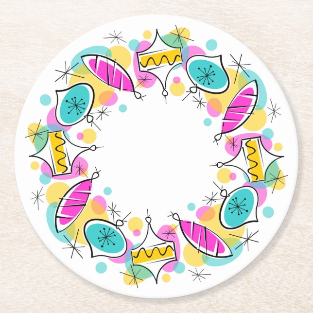 Retro Tree Baubles Circle coaster round (Front)