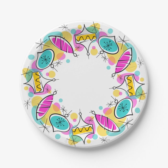 Retro Tree Baubles Circle paper plates (Front)