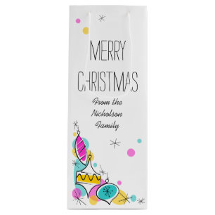 Retro Tree Baubles Corner Christmas Text wine Wine Gift Bag