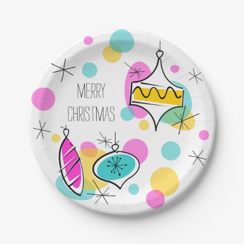 Retro Tree Baubles Merry Christmas paper plates