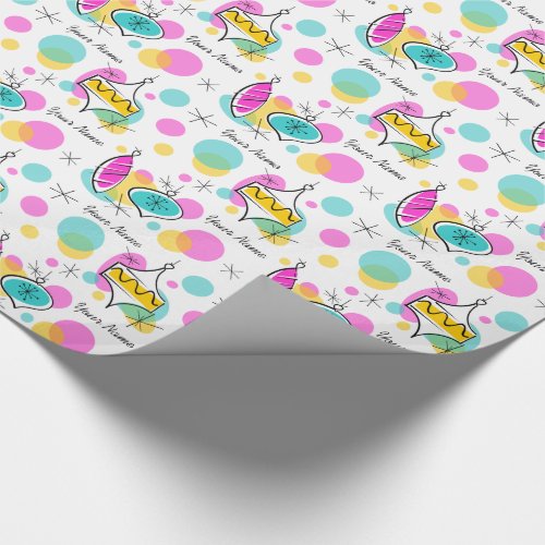Retro Tree Baubles Name wrapping paper