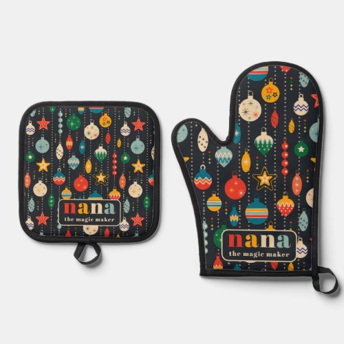 Retro Tree Toys Ornaments Nana Christmas  Oven Mitt  Pot Holder Set