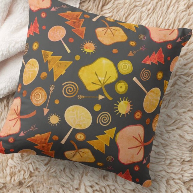 Retro Trees Arrows Patterns Fun Brown Throw Pillow (Creator Uploaded)
