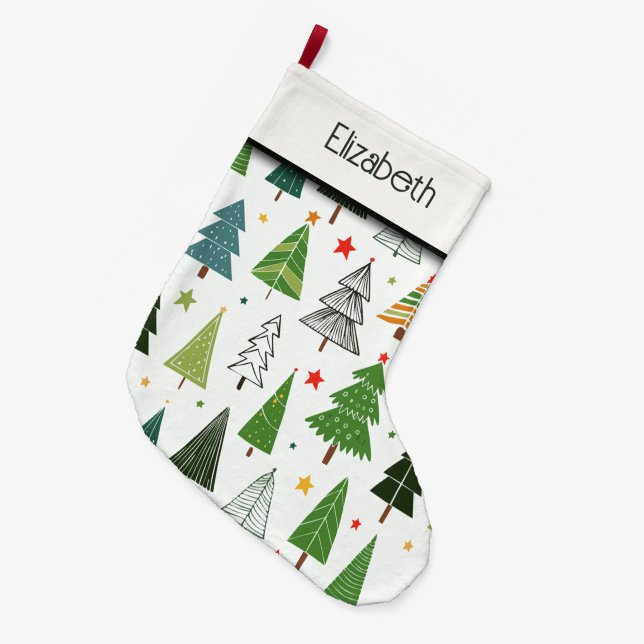 Retro Trees Large Christmas Stocking (Front (Hanging))