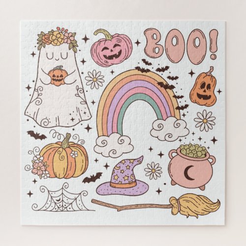 Retro Trendy Cute Halloween Elements Ghost Pumpkin Jigsaw Puzzle