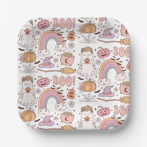 Retro Trendy Cute Halloween Elements Ghost Pumpkin Paper Plates