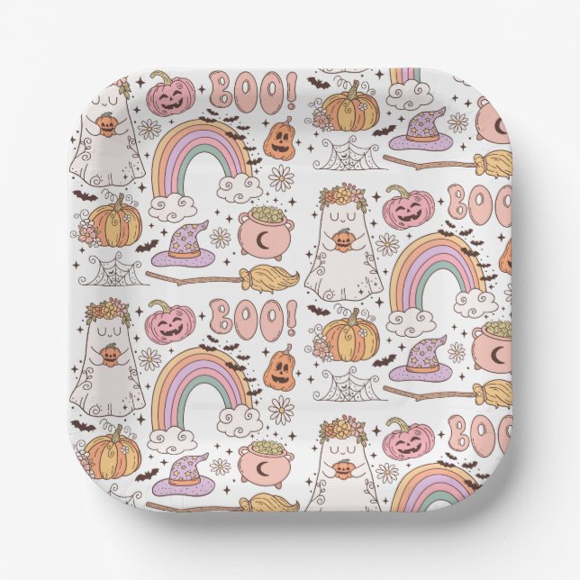 Retro Trendy Cute Halloween Elements Ghost Pumpkin Paper Plates (Front)