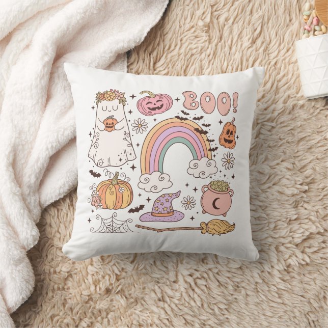Retro Trendy Cute Halloween Elements Ghost Pumpkin Throw Pillow (Blanket)