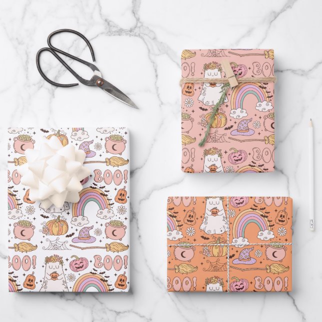 Retro Trendy Cute Halloween Elements Ghost Pumpkin Wrapping Paper Sheets (Front)
