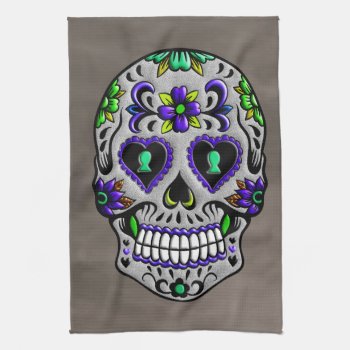 Retro Trendy Day Of The Dead Sugar Skull Kitchen Towel by Funky_Skull at Zazzle