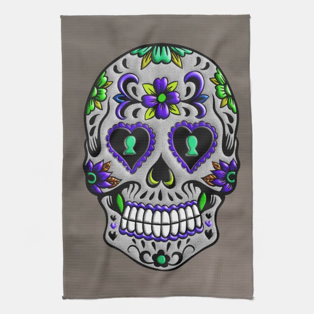 Retro Trendy Day of the Dead Sugar Skull Kitchen Towel (Vertical)