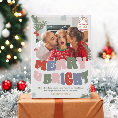 Retro Trendy Fun Merry  Bright Christmas photo Holiday Card