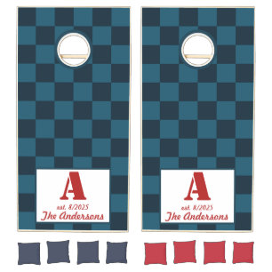Retro Trendy Personalized Blue Checkered  Cornhole Set