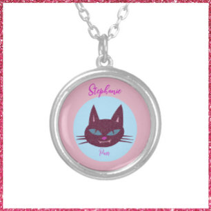 Retro Trendy Pink and Blue Purring Cat Silver Plated Necklace