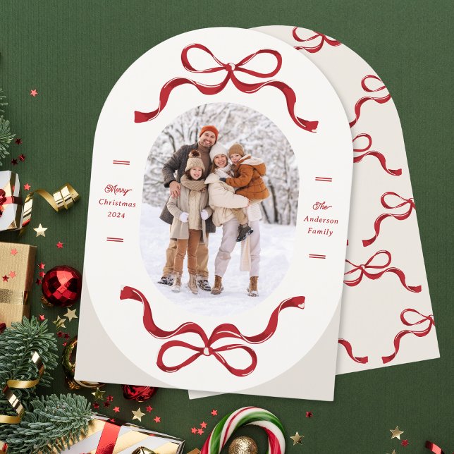 Retro Trendy Red Bows Oval Photo Arch Holiday Card (Creator Uploaded)