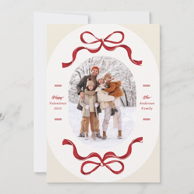 Retro Trendy Red Bows Oval Photo Happy Valentine's Holiday Card (Front)