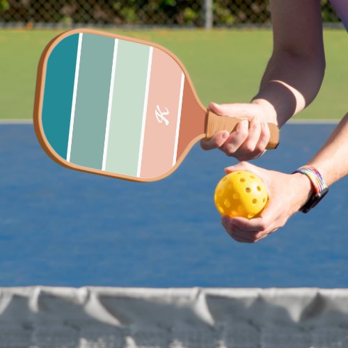 Retro Trendy Stripe Terracotta Teal Monogrammed Pickleball Paddle