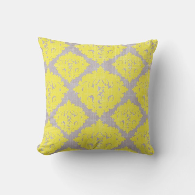 Retro Trendy Yellow & Gray Damask Pattern Pillow (Front)