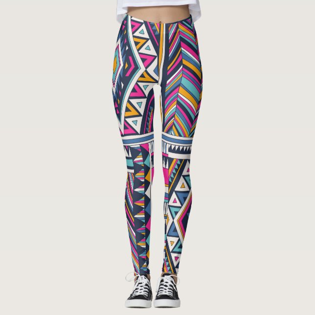Retro tribal, vintage geometric pattern. leggings (Front)