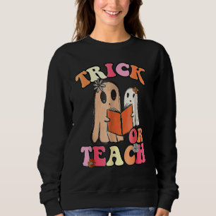 Retro Trick Or Teach Floral Ghost Teacher Hallowee Sweatshirt
