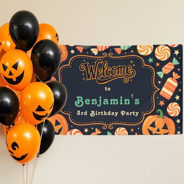Retro Trick or Treat Candy Kids Halloween Birthday Banner (Creator Uploaded)