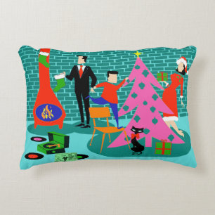 Retro Trimming the Christmas Tree Accent Pillow