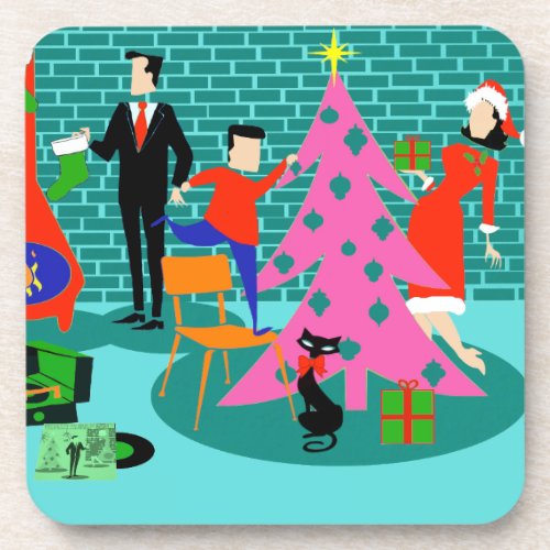 Retro Trimming the Christmas Tree Cork Coasters