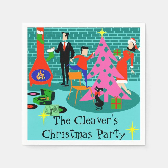 Retro Trimming the Christmas Tree Paper Napkins (Front)