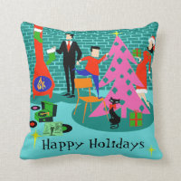 Retro Trimming the Christmas Tree Throw Pillow