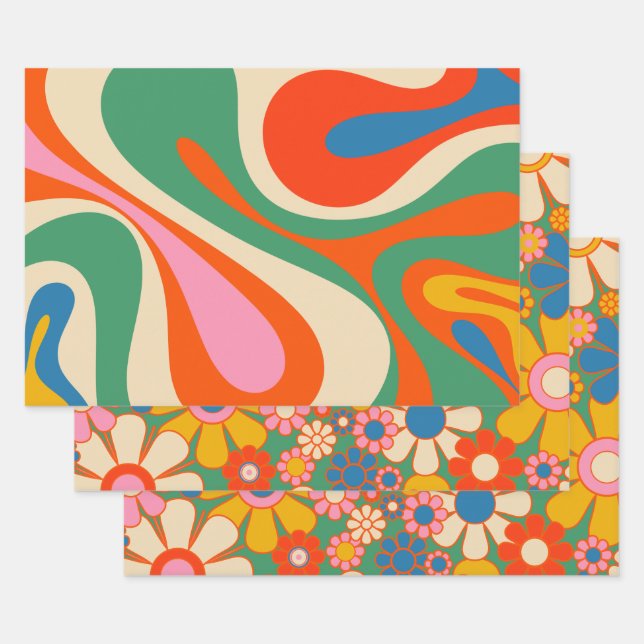 Retro Trippy Colorful Flowers and Swirls Wrapping Paper Sheets (Set)