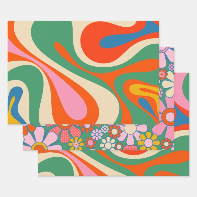 Retro Trippy Colorful Swirls and Flowers Wrapping Paper Sheets (Set)