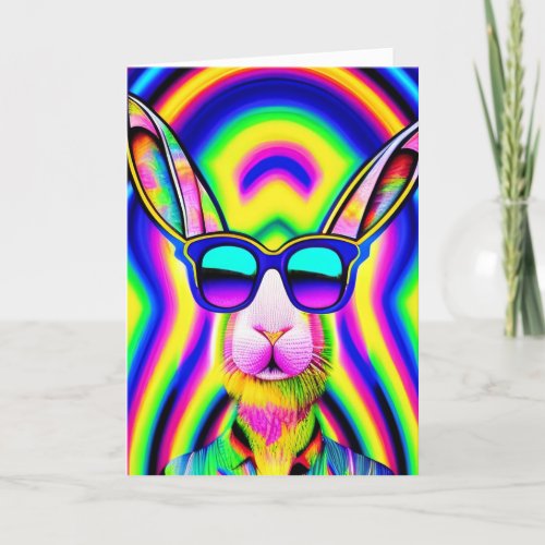 Retro Trippy Psychedelic Hippie Groovy Bunny Holiday Card