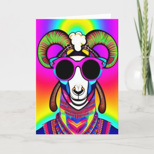 Retro Trippy Psychedelic Hippie Groovy Horned Goat Holiday Card