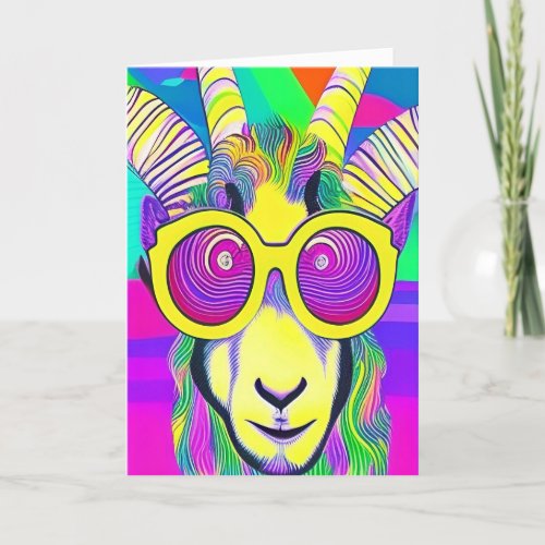 Retro Trippy Psychedelic Hippie Groovy Horned Goat Holiday Card